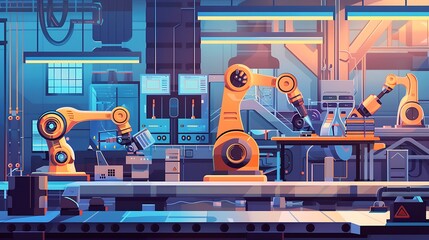 A futuristic industrial scene featuring robotic arms working in a laboratory setting.