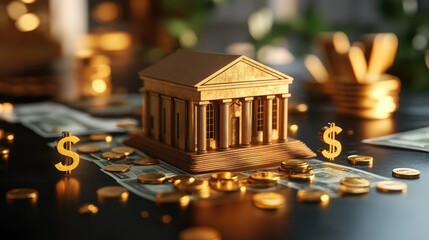 Wall Mural - A miniature bank building sits on a table surrounded by gold coins and dollar bills, representing wealth and financial prosperity.