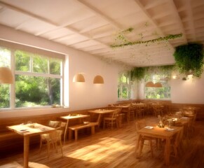 Poster - a serene and inviting restaurant interior, featuring wooden tables and chairs, large windows offering a view of lush greenery, and hanging plants adding a touch of nature to