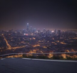 Poster - A panoramic view city at night, with a mix of illuminated buildings and a dark sky