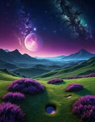 Poster - A surreal landscape with a pink moon, purple flowers, and a starry night sky, with distant mountains and a blue and purple galaxy