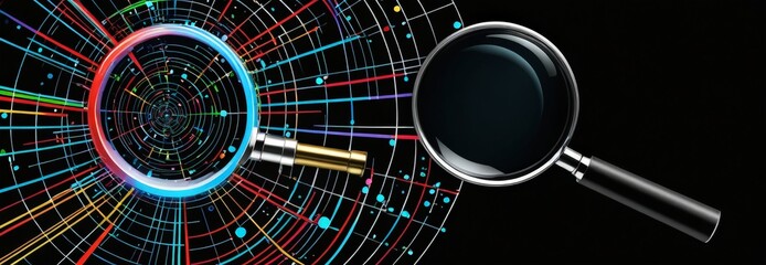 Poster - a pair of magnifying glasses against a background of colorful, abstract lines and dots, creating a visually striking and dynamic composition