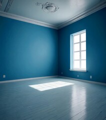 Aufkleber - An empty room with blue walls, a white ceiling, and a large window with white curtains
