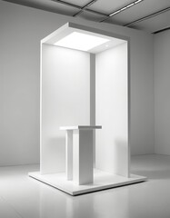 Aufkleber - A minimalist white exhibition stand with a pedestal and a small table, set against a plain white wall and a ceiling with recessed lighting