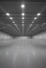 Poster - A large, empty warehouse with a high ceiling and rows of bright lights illuminating the space
