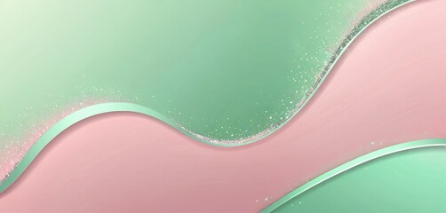 Poster - A pastel green and pink abstract background with wavy lines and glittering accents