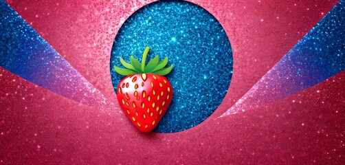 Aufkleber - A vibrant strawberry with a green stem and leaves is set against a glittery blue background, with two diagonal lines of pink and purple glitter extending from the top left to