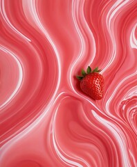 Poster - A single red strawberry sits amidst a swirling pink and white pattern, creating a visually striking and abstract composition