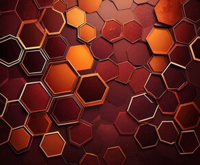 Fototapete - a repeating pattern of hexagonal shapes in various shades of brown and orange, arranged in a grid-like fashion against a dark red background