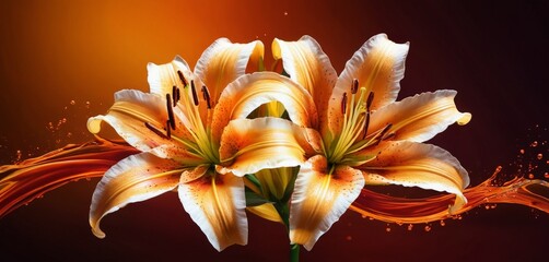 Aufkleber - Two vibrant orange lilies with white centers and yellow stamens stand against a dark orange gradient background, with a splash of orange and red water droplets