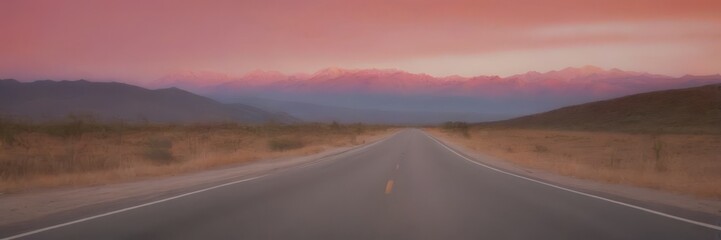 Aufkleber - A long, straight road stretches out into the distance, flanked by dry grass and trees, with majestic mountains rising in the background under a vibrant pink and orange sky.