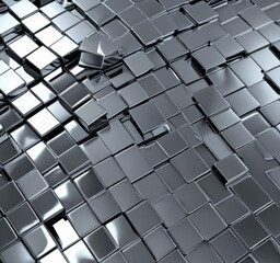 Poster - a close-up view metallic surface composed of numerous square tiles arranged in a grid-like pattern The tiles are silver in color and reflect light, creating a