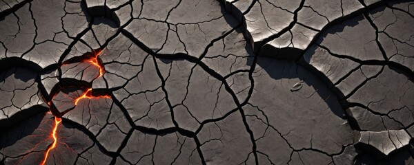 Poster - a close-up view cracked and parched surface, with a bright orange glow emanating from the cracks, suggesting the presence of intense heat or a recent fire