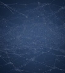 Poster - a complex network of interconnected lines and points, resembling a spider web or a web of interconnected nodes, set against a dark blue background