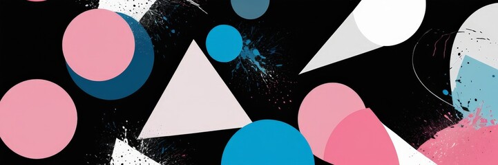 Fototapete - a black background with various geometric shapes in pink, blue, and white, including circles, triangles, and cones, creating a visually striking abstract composition