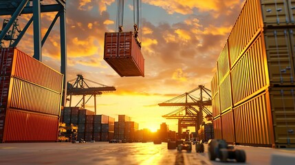 Heavy-duty cranes lifting cargo containers at a busy shipping dock, sunset in the background, industrial transport, global trade and logistics