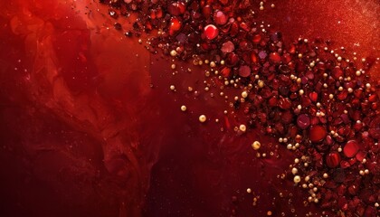 Poster - a vibrant abstract composition of red and gold spheres, with some scattered and others clustered together, creating a dynamic and visually striking scene