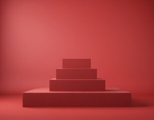 Poster - A red platform with a pyramid-like structure on top, set against a solid red background