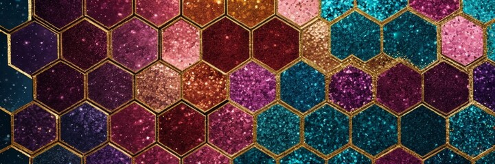 Fototapete - A vibrant mosaic of hexagonal tiles in various shades of pink, purple, blue, and gold, with a shimmering glitter effect