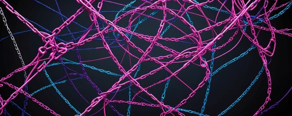 Leinwandbilder - A complex web of interconnected pink and blue chains forms a chaotic pattern against a dark background.