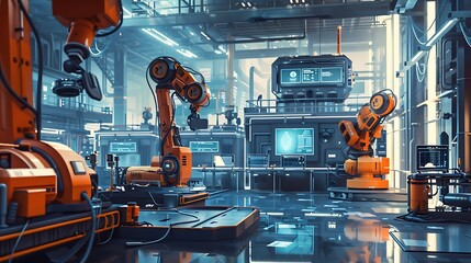 A modern industrial workspace featuring robotic arms and advanced technology for automation and manufacturing.