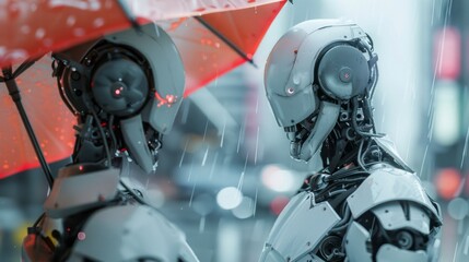 Poster - Two robots are standing under an umbrella in the rain