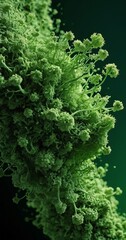 Poster - a close-up view dense, green moss-like growth with small, spherical structures