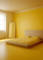 Aufkleber - A minimalist bedroom with a white bed frame, yellow bedding, and a white wall with a window