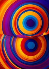 Poster - a vibrant abstract composition of overlapping concentric circles in various shades of orange, blue, purple, and yellow, creating a dynamic and visually striking pattern