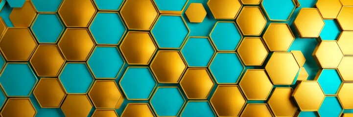 Poster - a repeating pattern of hexagonal shapes in shades of blue and gold, creating a visually striking and geometric design