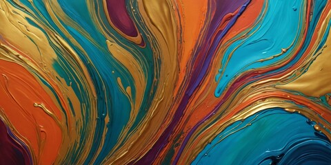 Aufkleber - a vibrant abstract painting with swirling patterns of blue, orange, and gold paint, creating a dynamic and visually striking composition.