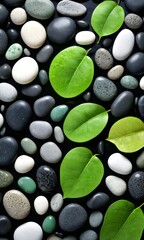 Poster - A collection of various colored stones, including gray, black, white, and green, arranged in a visually appealing pattern with green leaves scattered throughout