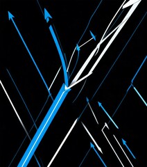 Aufkleber - a complex abstract composition of intersecting blue and white lines and arrows, creating a dynamic and visually striking pattern against a black background