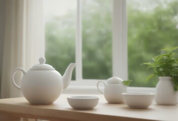 Poster - A white teapot, teacup, saucer, and plant sit on a wooden table, with a blurred green garden visible through a window in the background