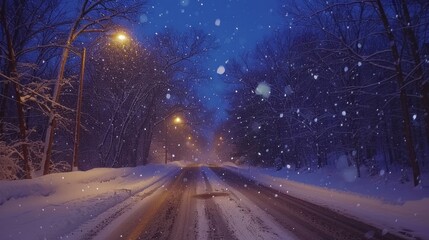 Poster - A snowy road with a street light in the background