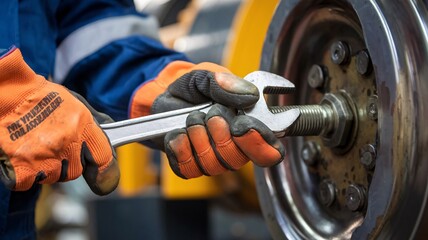 A close-up of a worker’s gloved hands tightening a bolt with a wrench, with blurred heavy machinery behind them