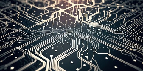 Aufkleber - a detailed view of a circuit board, showcasing a complex network of interconnected lines and dots. The lines, varying in thickness, extend across the image, creating a sense
