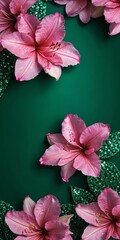 Poster - Pink lilies with green leaves on a dark green background