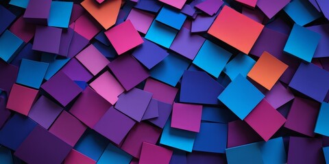 Poster - A vibrant abstract composition of overlapping square shapes in various shades of blue, purple, pink, and orange, creating a dynamic and visually striking pattern