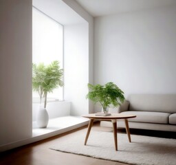 Poster - A minimalist living room with a white sofa, a wooden coffee table, and a large window with a plant on the sill