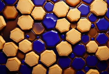 Fototapete - A close-up view pattern of hexagonal shapes in various shades of yellow and blue, with some areas appearing to be liquid or melted