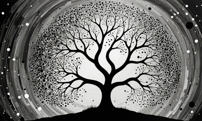 Poster - a striking black and white illustration tree with a circular pattern of dots on its branches, set against a starry night sky
