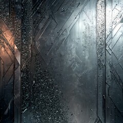 Poster - a dark, metallic surface with a geometric pattern of intersecting lines and a mix of metallic and glass-like textures The background is blurred, creating a sense of depth