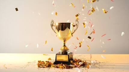 golden trophy with confetti celebration success achievement award