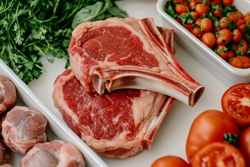 Succulent Raw Lamb Chops and Fresh Tomatoes Closeup on White - Gourmet Cooking Ingredients for Foodies and Chefs