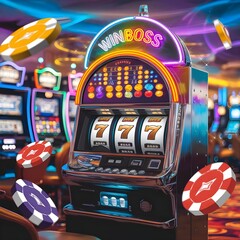 Casino Slot Machine Jackpot Win with Neon Lights and Chips