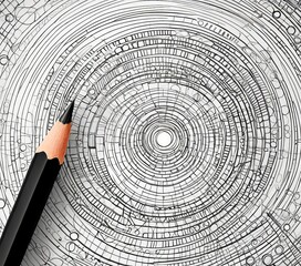 Leinwandbilder - A pencil rests on a complex, abstract pattern of concentric circles and lines, suggesting a creative or ic process