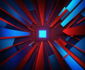 Poster - a digital illustration geometric pattern composed of intersecting red and blue lines, culminating in a square with a blue light at its center