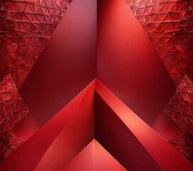 Poster - a striking geometric pattern composed of red triangles arranged in a symmetrical, three-dimensional design The pattern is set against a red background, creating a