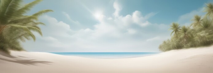 Poster - A serene tropical beach scene with palm trees, a sandy shore, and a calm ocean under a clear blue sky